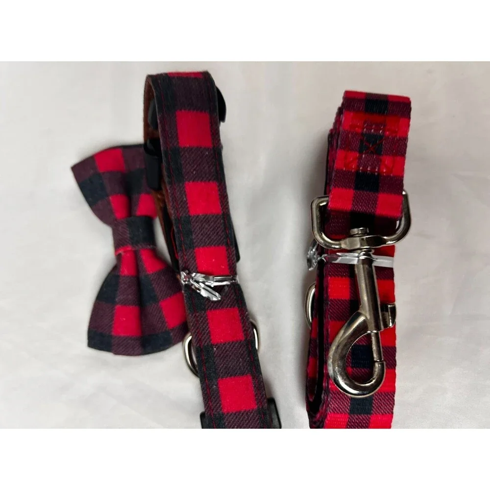FURRYFECTION 3-Pc Dog Collar Leash Bow Tie Set Red Buffalo Plaid Checkered